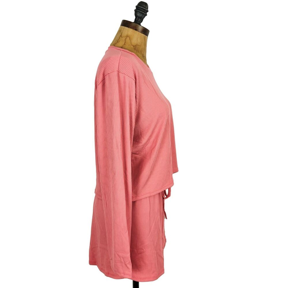 CAPELLA Pajama Loungewear Set L Ribbed Pink Knit Long Sleeve Top / Shorts NWT B3 - Picture 2 of 5